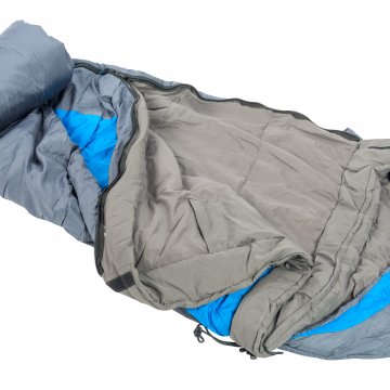 gray and blue sleeping bag open 
